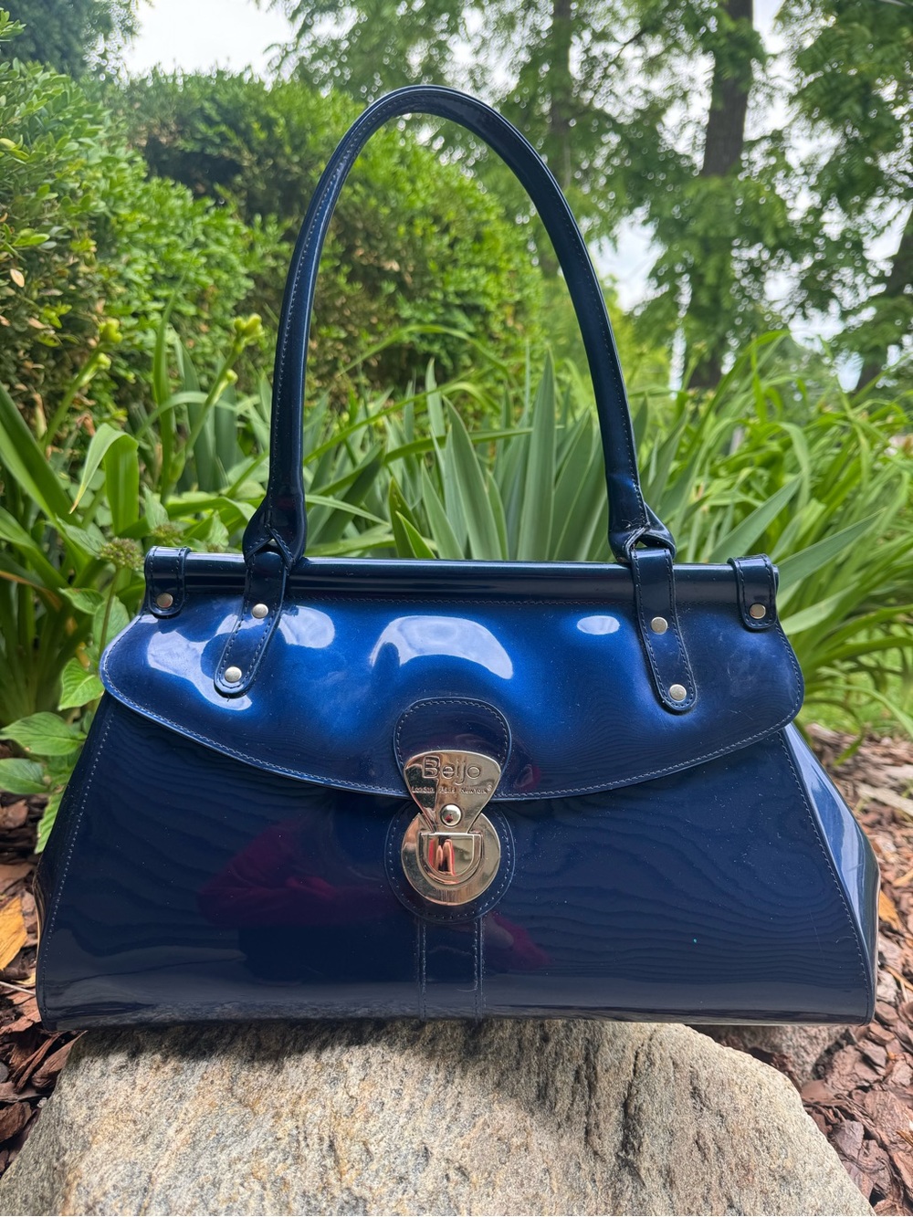 Beijo Navy Patent Satchel with Top Handle